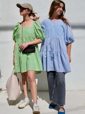 NEW A Bronze Age Nati Dress, M in Blue and White Gingham Cotton Linen